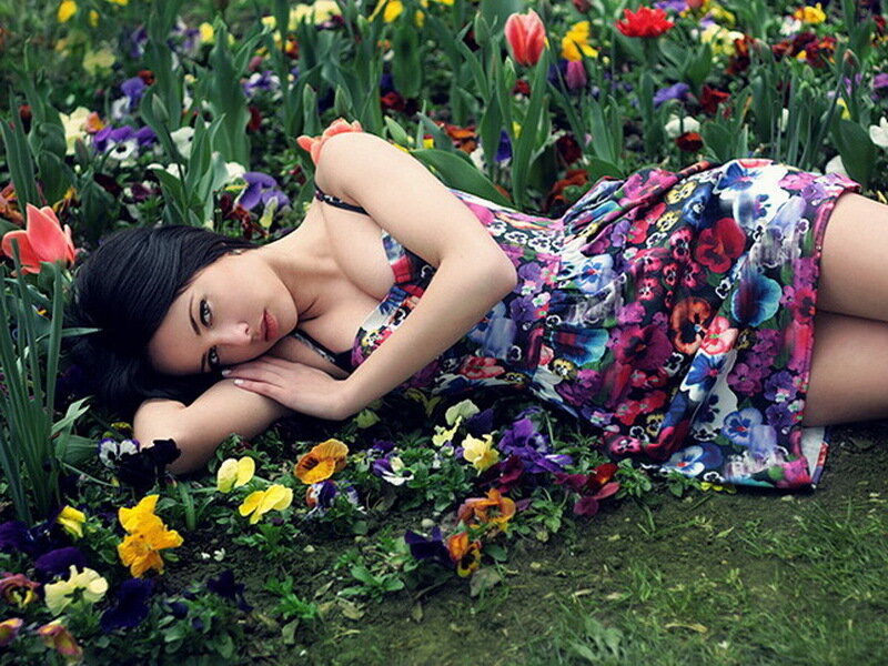 Woman Lying in Flowers — Purple, Calm