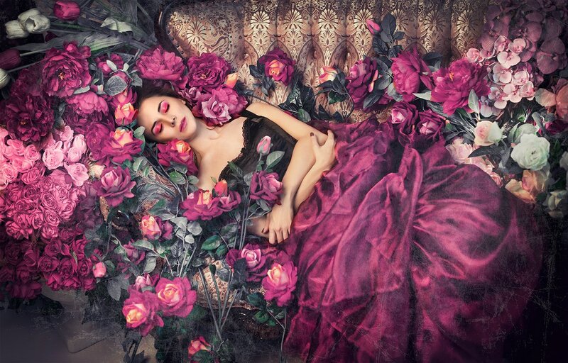 Woman Lying in Flowers — Purple, Dramatic