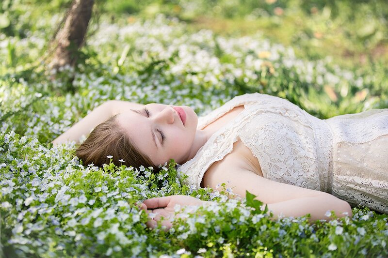 Woman Lying in Flowers — White, Serene, Afternoon, Photograph, Dress, Grass