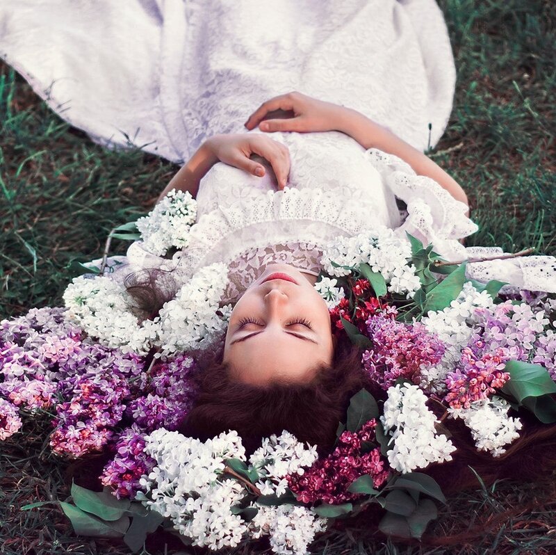 Woman Lying in Flowers — White, Serene, Spring, Photograph, Grass
