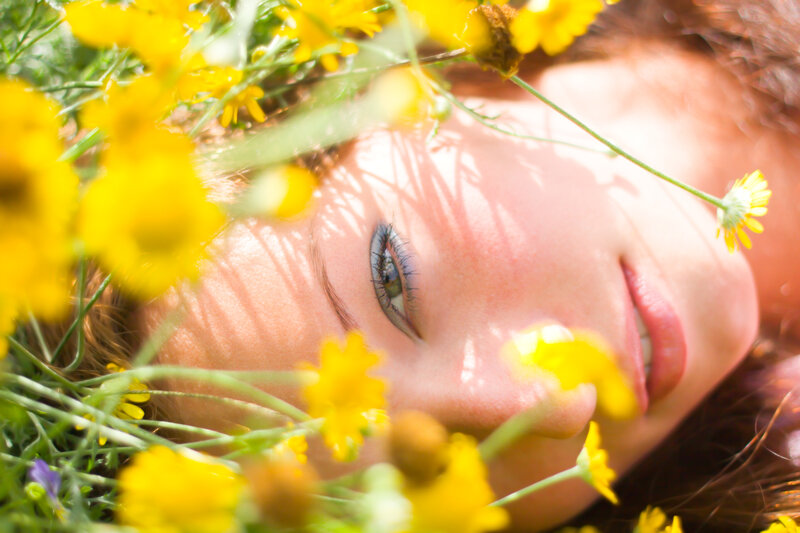 Woman Lying in Flowers — Yellow, Serene, Afternoon