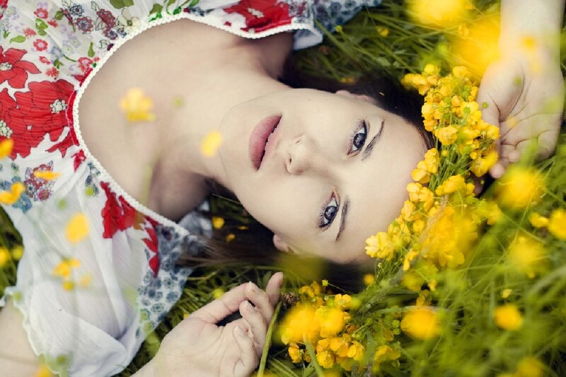 Woman Lying in Flowers — Yellow, Serene, Spring
