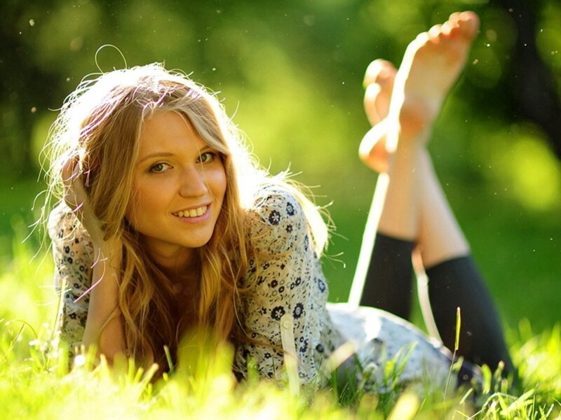 Woman Lying in Grass — Green, Relaxed, Afternoon, Photograph, Sunlight