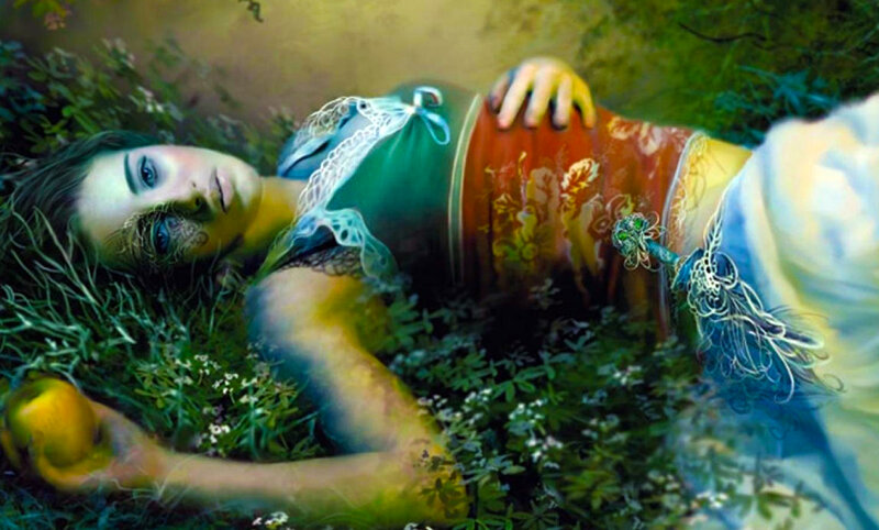 Woman Lying in Grass — Green, Serene, Afternoon, Digital Art, Apple