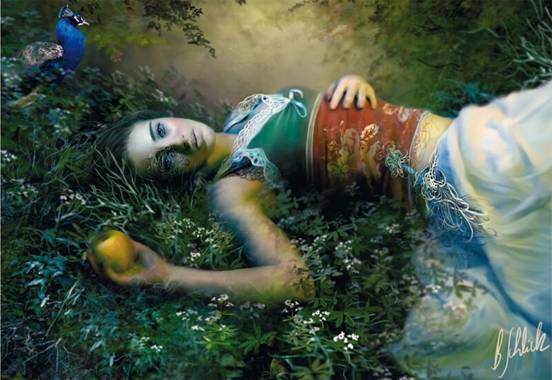 Woman Lying in Grass — Green, Serene, Afternoon, Digital Art, Peacock