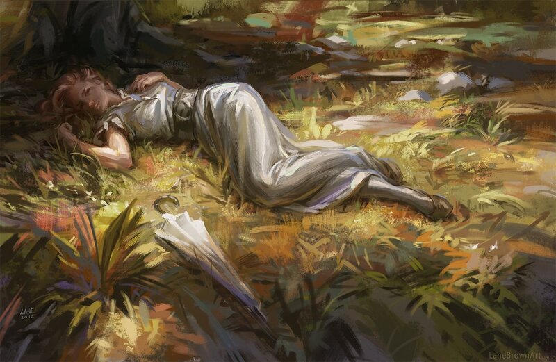 Woman Lying in Grass — Green, Serene, Afternoon, Digital Art, Umbrella