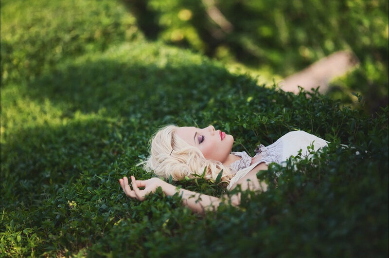 Woman Lying in Grass — Green, Serene, Afternoon, Photograph, Blonde Hair, White Dress