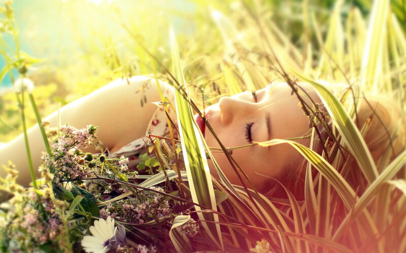Woman Lying in Grass — Green, Serene, Afternoon, Photograph, Flowers, Sunlight