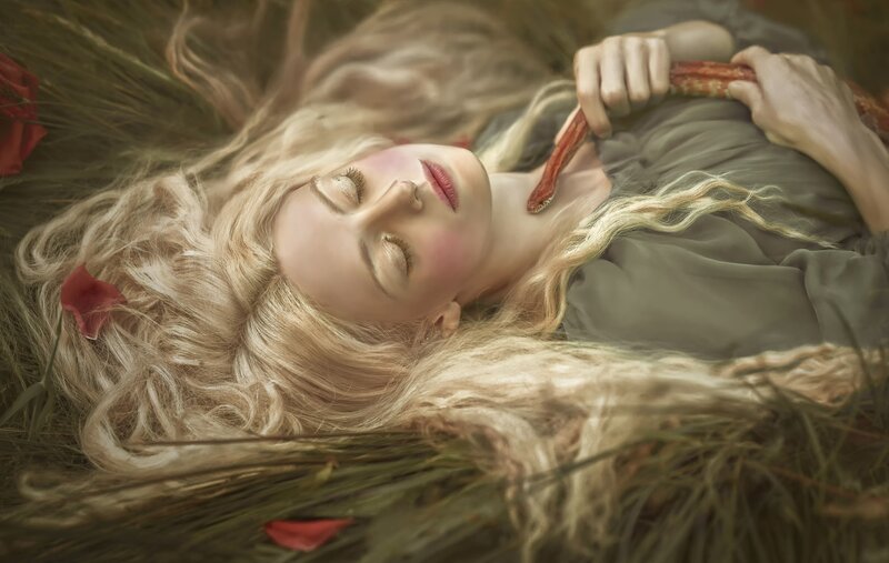Woman Lying in Grass — Green, Serene, Afternoon, Photograph, Snake, Rose Petals