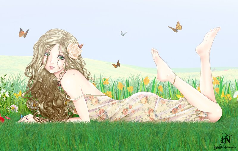 Woman Lying in Grass — Green, Serene, Spring, Digital Art