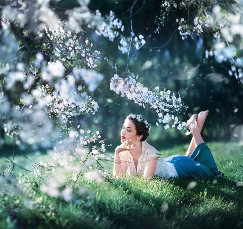Woman Lying in Grass — Green, Serene, Spring, Photograph, Flower Crown