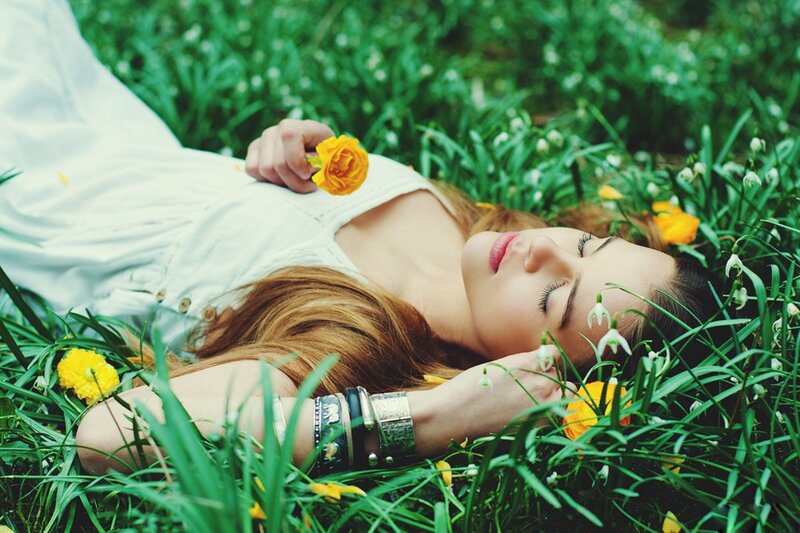 Woman Lying in Grass — Green, Serene, Spring, Photograph, Flower