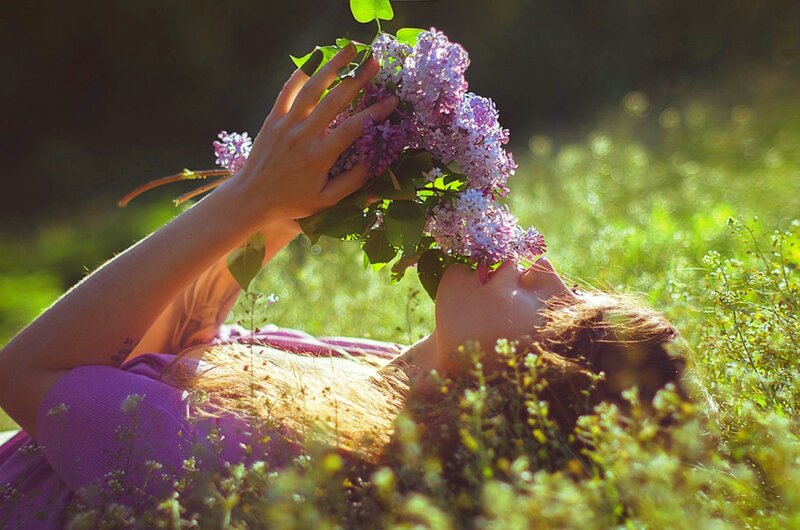 Woman Lying in Grass — Purple, Serene, Afternoon, Photograph, Flowers
