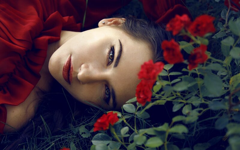 Woman Lying in Grass — Red, Calm