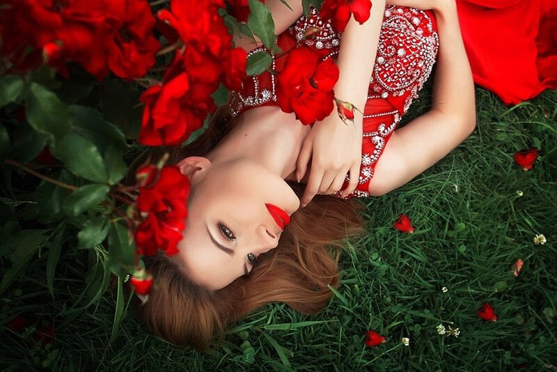 Woman Lying in Grass — Red, Serene, Afternoon