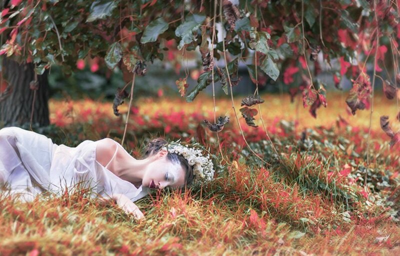 Woman Lying in Grass — Red, Serene, Autumn