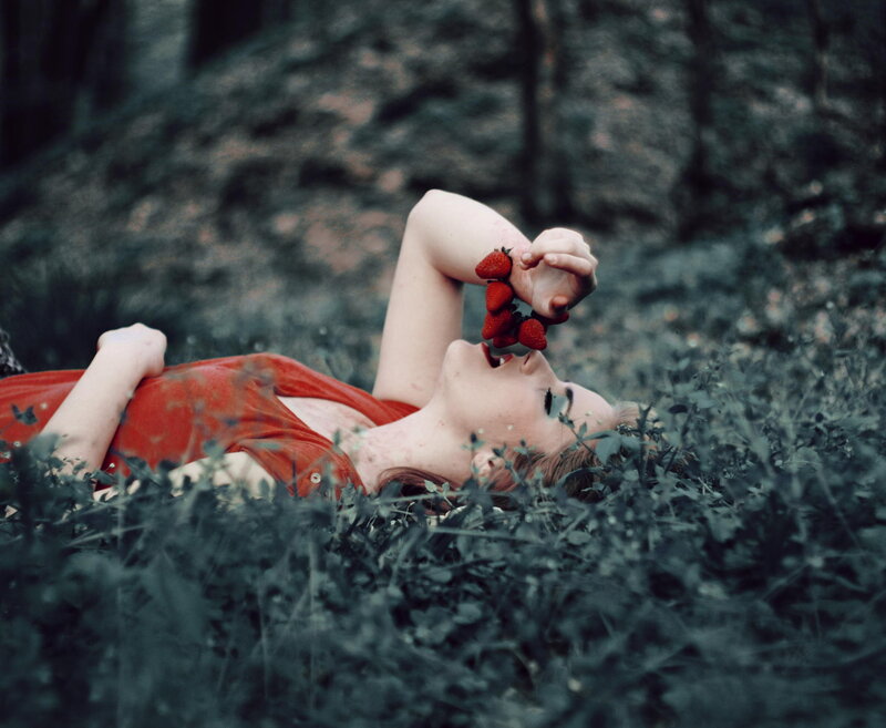Woman Lying in Grass — Red, Serene