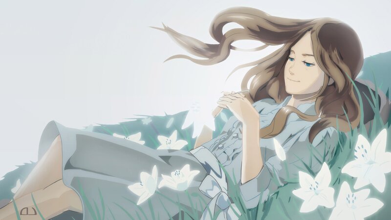 Woman Lying in Grass — White, Serene, Afternoon, Anime, Flowers
