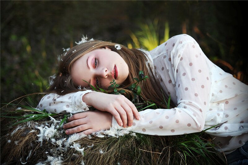 Woman Lying in Grass — White, Serene, Afternoon, Photograph, Feathers