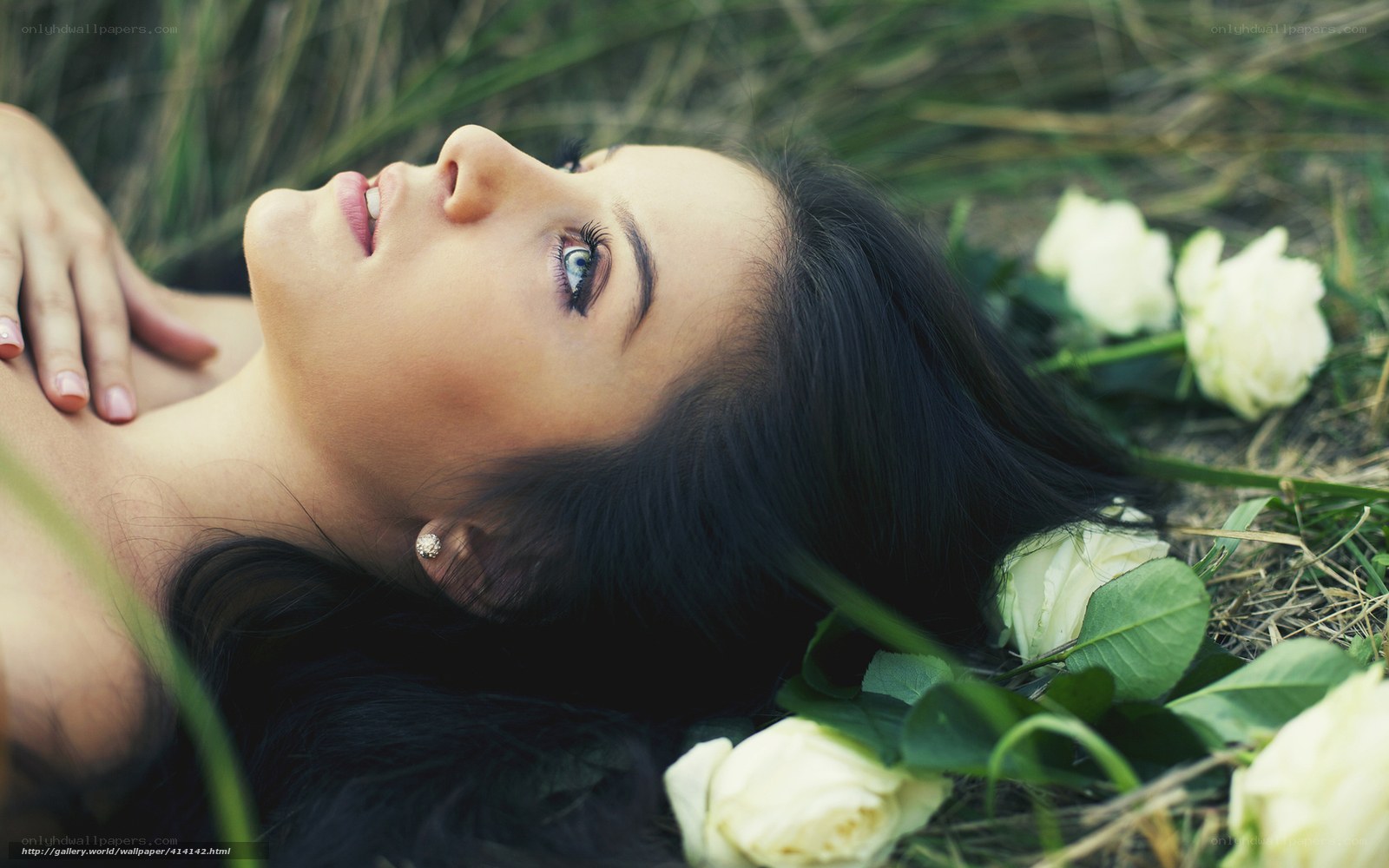 woman lying in grass with roses