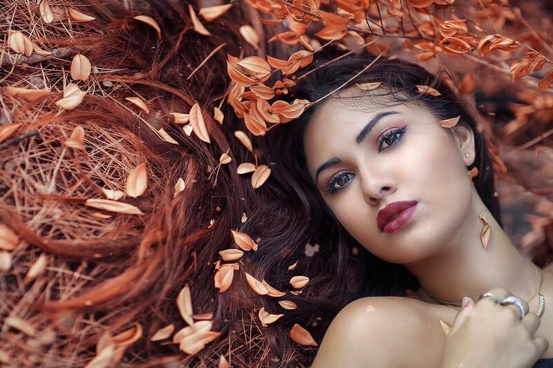 Woman Lying in Leaves — Brown, Serene, Autumn, Photograph, Hair