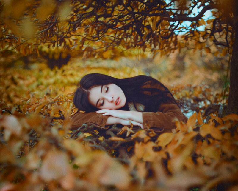 Woman Lying in Leaves — Brown, Serene, Autumn, Photograph, Tree