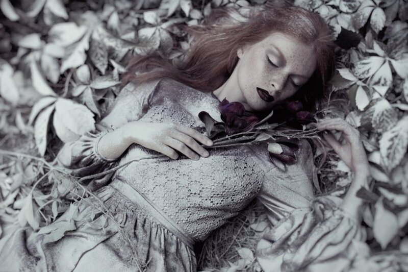 Woman Lying in Leaves — Gray, Serene