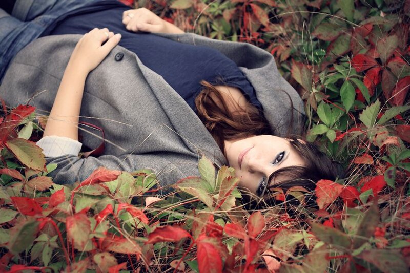 Woman Lying in Leaves — Red, Calm