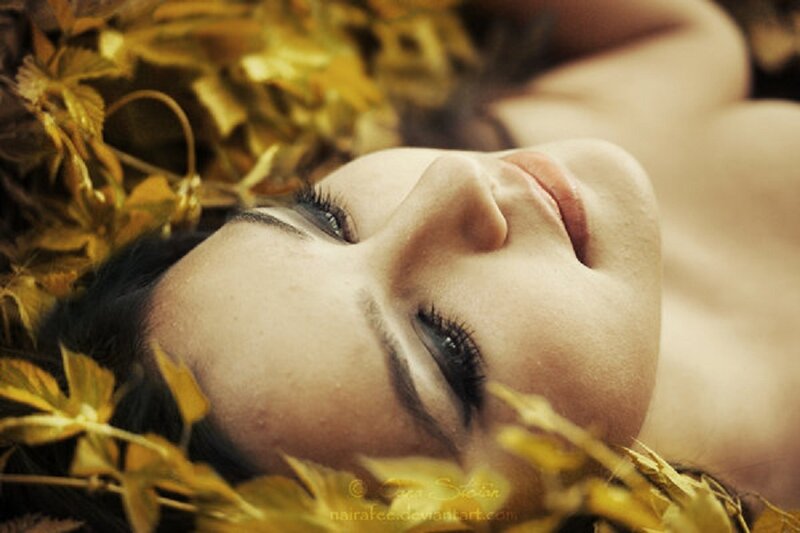 Woman Lying in Leaves — Yellow, Serene