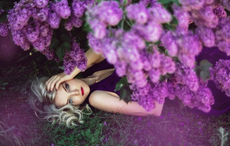 Woman Lying in Lilacs