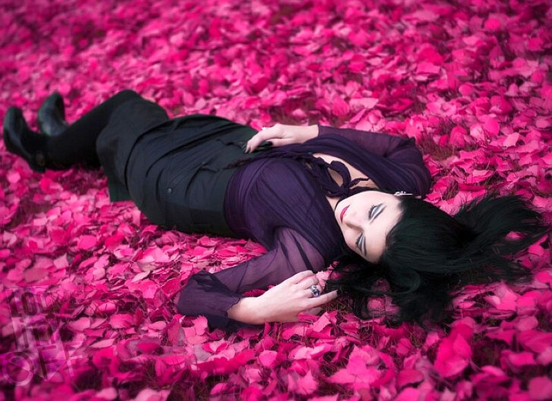 woman lying in pink leaves