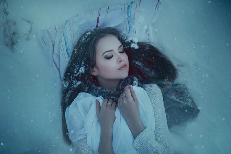 Woman Lying in Snow — Blue, Serene, Winter