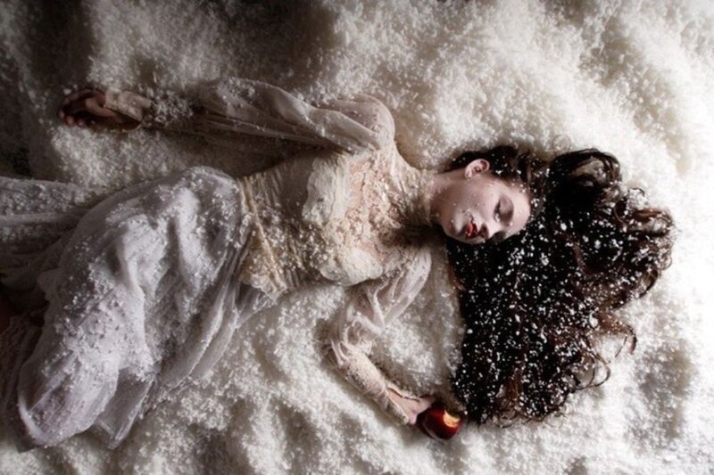 Woman Lying in Snow — White, Dramatic, Winter, Photograph, Dress