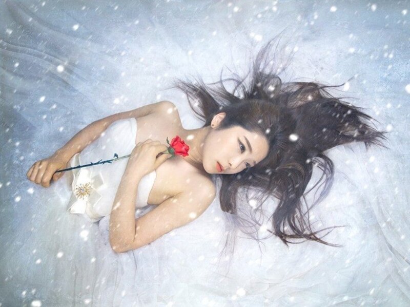 Woman Lying in Snow — White, Serene, Winter, Photograph, Rose