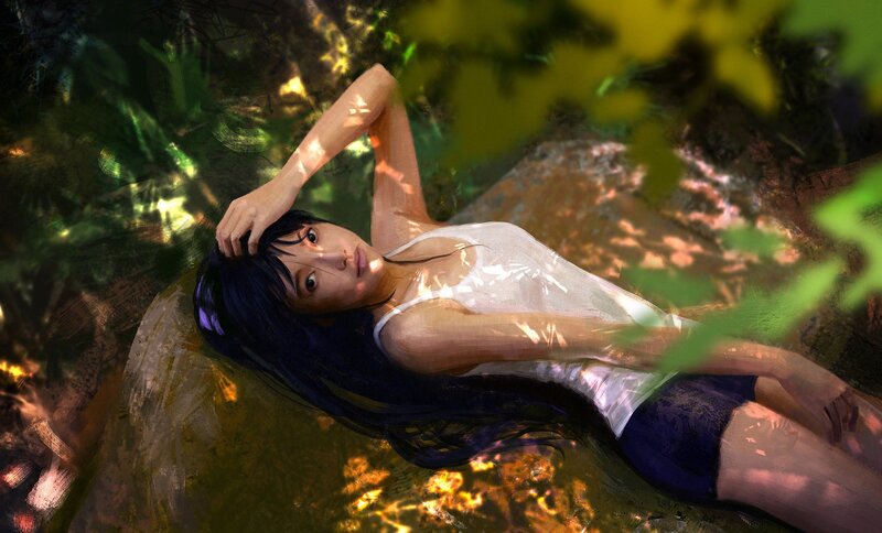 Woman Lying in Water — Green, Serene
