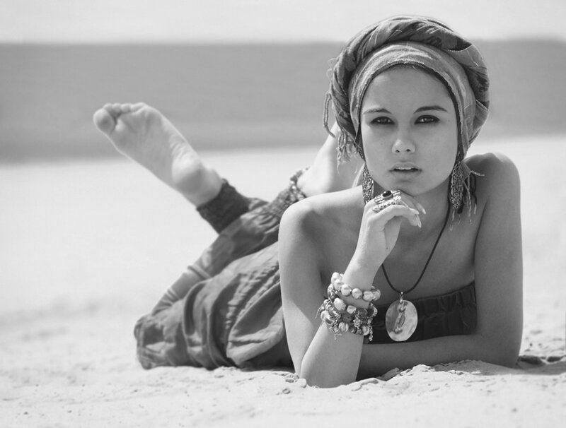 Woman Lying on Beach — Black, Serene, Afternoon