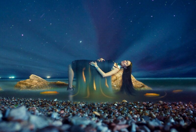 Woman Lying on Beach — Blue, Dreamy