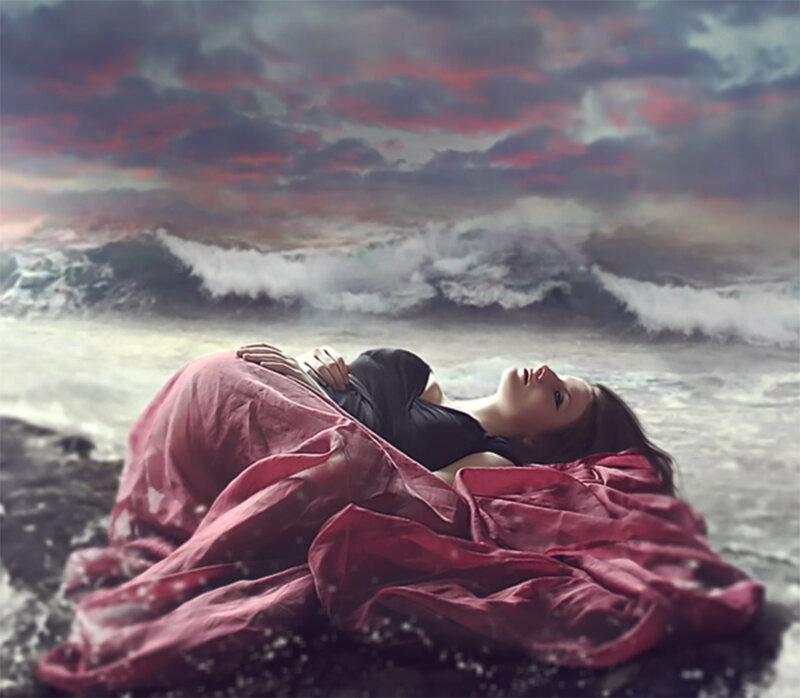 Woman Lying on Beach — Red, Dramatic, Sunset