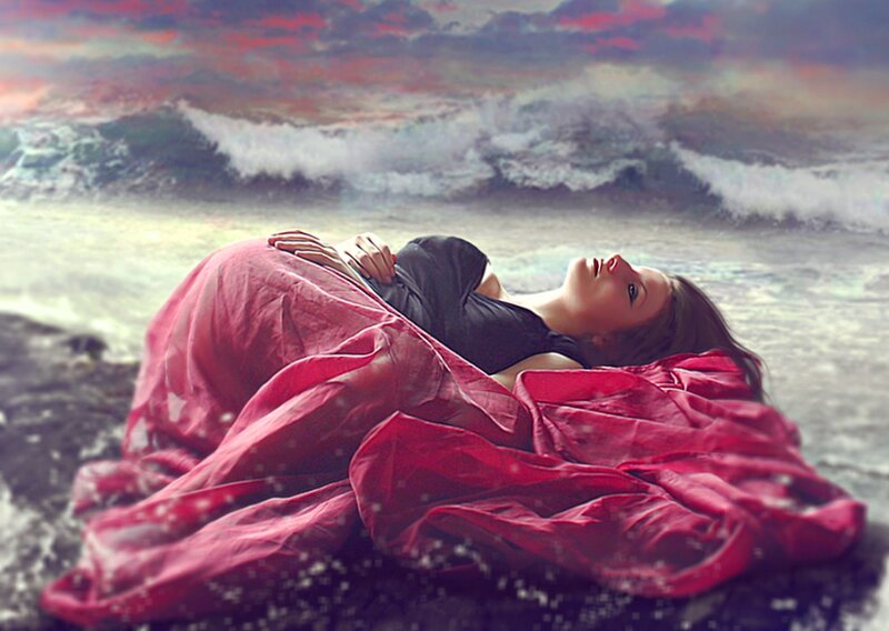 Woman Lying on Beach — Red, Dramatic