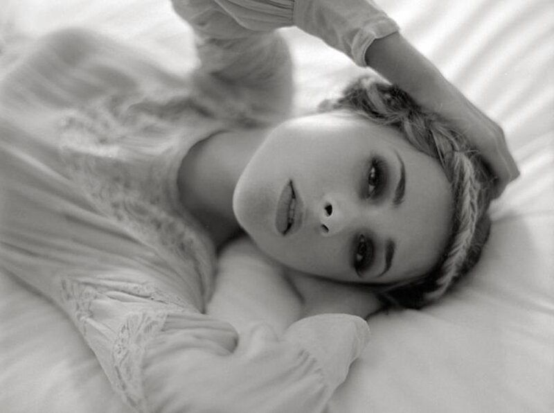 Woman Lying on Bed — Black, Calm, Photograph, Pillow, Dress