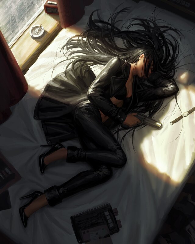 Woman Lying on Bed — Black, Dramatic, Morning