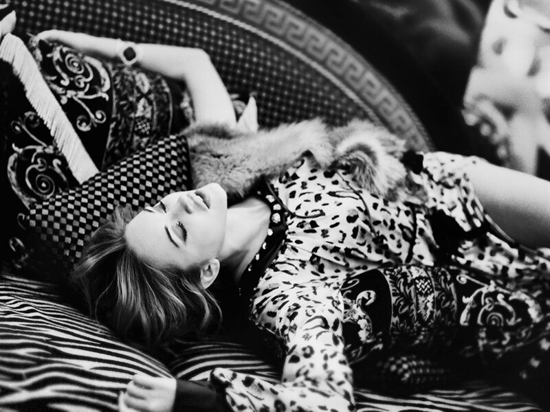 Woman Lying on Bed — Black, Relaxed, Photograph, Pillows, Fur