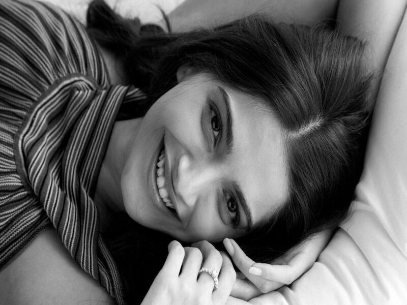 Woman Lying on Bed — Black, Relaxed, Photograph, Striped Shirt