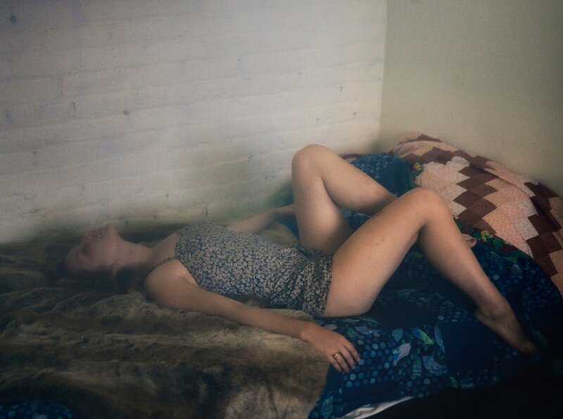 Woman Lying on Bed — Blue, Calm, Photograph, Blanket