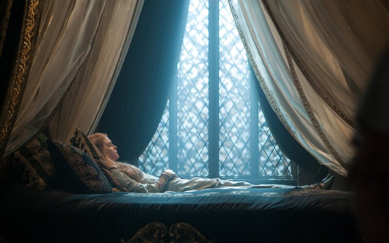 Woman Lying on Bed — Blue, Dramatic, Morning