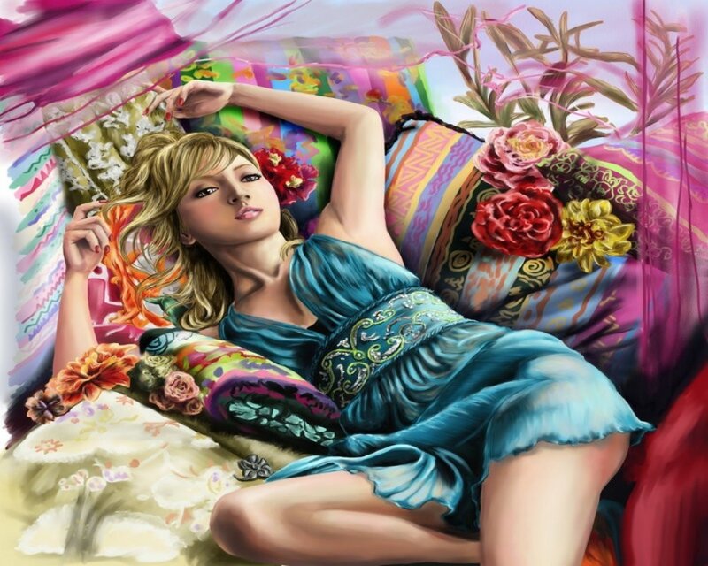Woman Lying on Bed — Blue, Relaxed, Digital Art