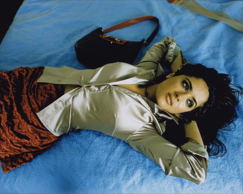 Woman Lying on Bed — Blue, Relaxed, Photograph, Handbag, Blue Blanket