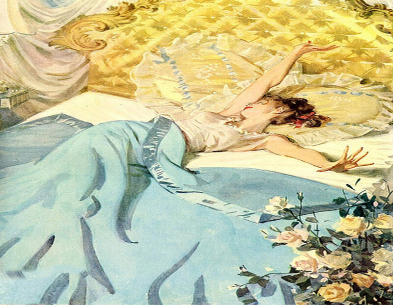 Woman Lying on Bed — Blue, Serene, Illustration