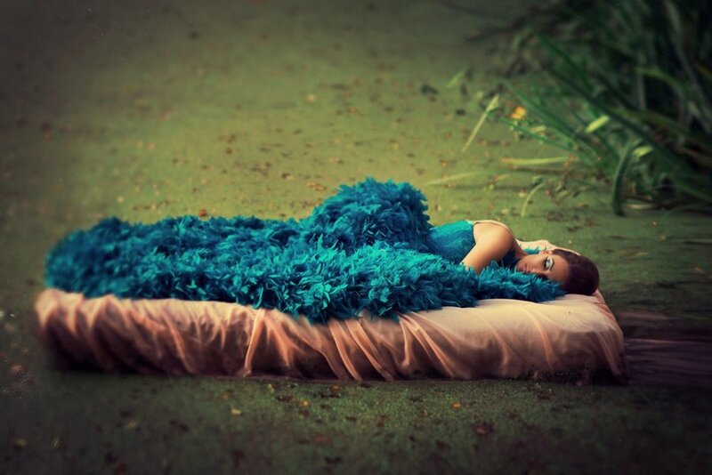 Woman Lying on Bed — Blue, Serene, Photograph