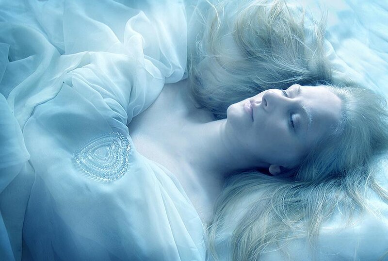 Woman Lying on Bed — Blue, Serene